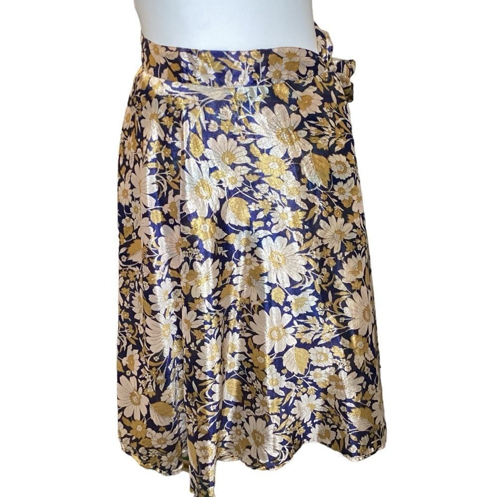 Silk Reversible Floral Paisley Wrap Skirt Gold Metallic Blue Green Boho Midi